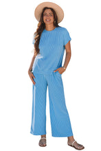 Load image into Gallery viewer, Blue Solid Corded Knit Short Sleeve T Shirt and Wide Leg Pants Set