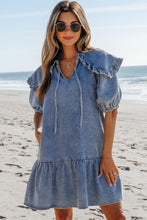 Load image into Gallery viewer, Dusk Blue Ruffled Collared Side Pockets Puff Sleeve Denim Mini Dress