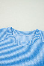 Load image into Gallery viewer, Blue Solid Corded Knit Short Sleeve T Shirt and Wide Leg Pants Set