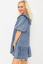 Load image into Gallery viewer, Dusk Blue Ruffled Collared Side Pockets Puff Sleeve Denim Mini Dress