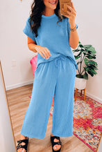Load image into Gallery viewer, Blue Solid Corded Knit Short Sleeve T Shirt and Wide Leg Pants Set