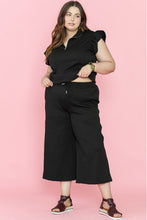 Load image into Gallery viewer, Black Plus Ruffled Sleeve Quarter Zip Top &amp; Wide Leg Pants Set
