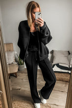 Load image into Gallery viewer, Black Solid Seamed Zipper Jacket and Drawstring Waist Pants Set
