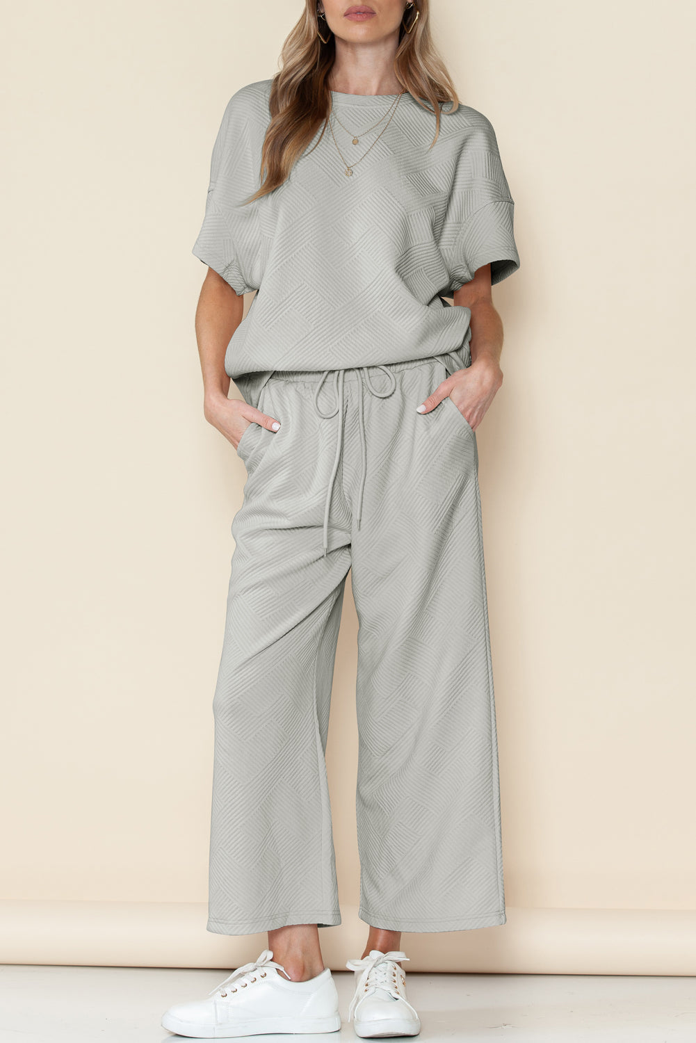 Gray Textured Loose Fit T Shirt & Drawstring Pants Set