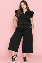 Load image into Gallery viewer, Black Plus Ruffled Sleeve Quarter Zip Top &amp; Wide Leg Pants Set
