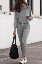 Load image into Gallery viewer, Gray Drawstring Hoodie and High Waist Pants Lounge Set
