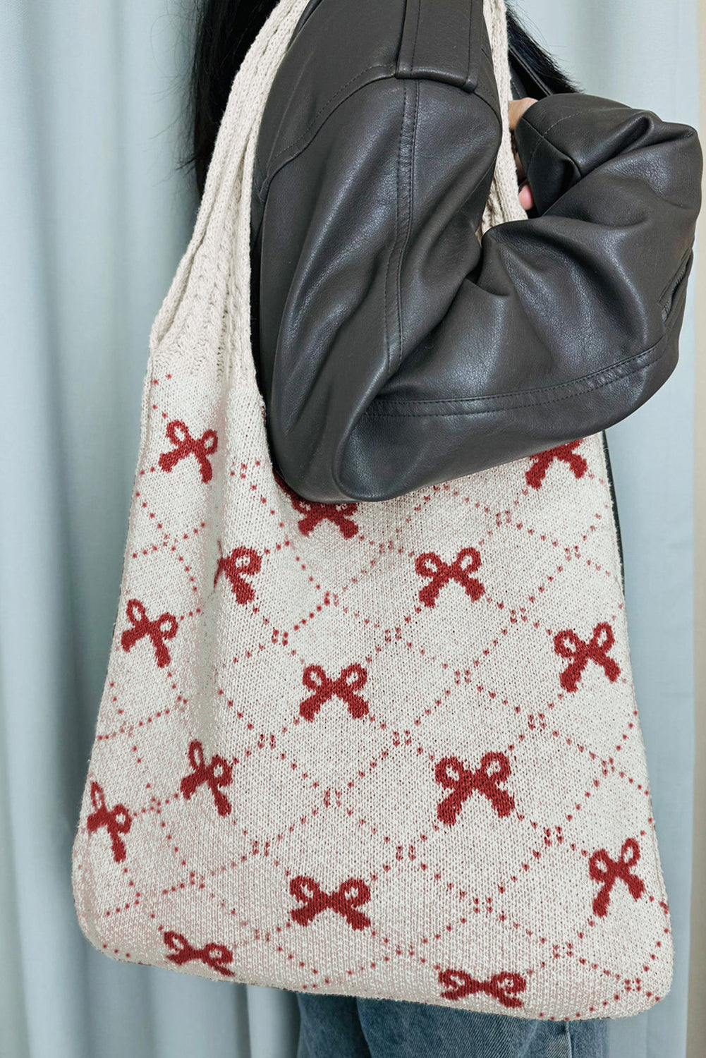 Fiery Red Bow Argyle Pattern Cable Knit Shoulder Bag