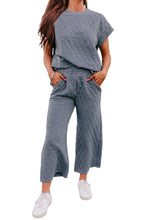 Load image into Gallery viewer, Blue Quilted Textured Short Sleeve Top and Wide Leg Pants Set
