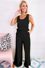 Load image into Gallery viewer, Black Crinkled U Neck Tank Top and Wide Leg Pants Set
