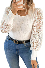 Load image into Gallery viewer, Apricot Floral Guipure Lace Puff Sleeve U Neck Eyelet Plus Size Blouse
