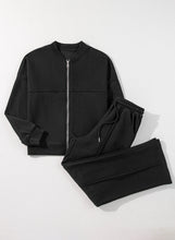 Load image into Gallery viewer, Black Solid Seamed Zipper Jacket and Drawstring Waist Pants Set
