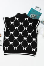 Load image into Gallery viewer, Black Preppy Bow Print Zipped Collar Knit Top
