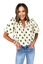 Load image into Gallery viewer, Apricot Polka Dot Print Smocked Notched Neck Balloon Sleeve Blouse
