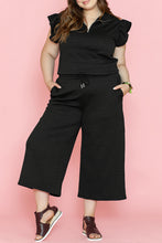 Load image into Gallery viewer, Black Plus Ruffled Sleeve Quarter Zip Top &amp; Wide Leg Pants Set
