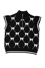 Load image into Gallery viewer, Black Preppy Bow Print Zipped Collar Knit Top
