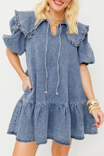 Load image into Gallery viewer, Dusk Blue Ruffled Collared Side Pockets Puff Sleeve Denim Mini Dress
