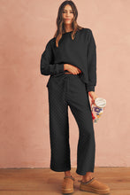 Load image into Gallery viewer, Black Checkered Textured Split Pullover Top and Pants Set
