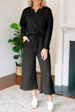 Load image into Gallery viewer, Black Solid Textured Collared V Neck Top and Wide Leg Pants Set
