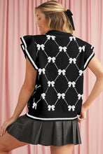 Load image into Gallery viewer, Black Preppy Bow Print Zipped Collar Knit Top
