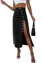 Load image into Gallery viewer, Black Button Fly Side Split High Waist Denim Midi Skirt
