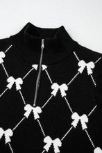 Load image into Gallery viewer, Black Preppy Bow Print Zipped Collar Knit Top
