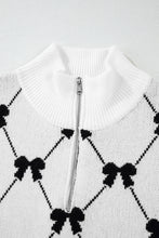 Load image into Gallery viewer, Black Preppy Bow Print Zipped Collar Knit Top
