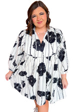 Load image into Gallery viewer, Black Plus Size Floral 3/4 Puff Sleeve Lace-up Neck Mini Dress
