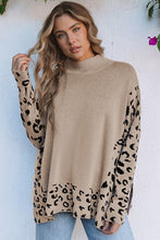 Load image into Gallery viewer, Khaki Leopard High Neck Side Slit Oversized Sweater
