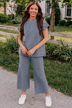 Load image into Gallery viewer, Blue Quilted Textured Short Sleeve Top and Wide Leg Pants Set
