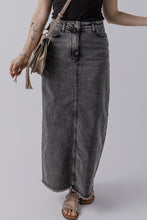 Load image into Gallery viewer, Dark Grey Denim Raw Hem Back Split High Waist Long Skirt
