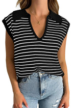 Load image into Gallery viewer, Black Stripe Turn-down Collar Sleeveless Knitted Top
