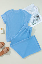 Load image into Gallery viewer, Blue Solid Corded Knit Short Sleeve T Shirt and Wide Leg Pants Set
