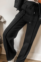 Load image into Gallery viewer, Black Solid Seamed Zipper Jacket and Drawstring Waist Pants Set
