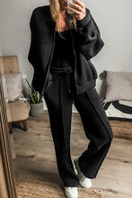 Load image into Gallery viewer, Black Solid Seamed Zipper Jacket and Drawstring Waist Pants Set
