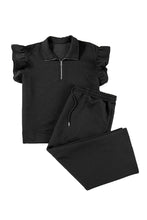 Load image into Gallery viewer, Black Plus Ruffled Sleeve Quarter Zip Top &amp; Wide Leg Pants Set
