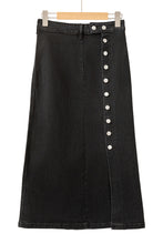 Load image into Gallery viewer, Black Button Fly Side Split High Waist Denim Midi Skirt
