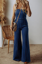 Load image into Gallery viewer, Sail Blue Seamed Zipper Spaghetti Strap High Waist Flared Jumpsuit
