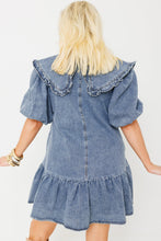 Load image into Gallery viewer, Dusk Blue Ruffled Collared Side Pockets Puff Sleeve Denim Mini Dress
