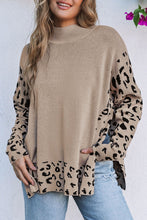 Load image into Gallery viewer, Khaki Leopard High Neck Side Slit Oversized Sweater
