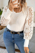 Load image into Gallery viewer, Apricot Floral Guipure Lace Puff Sleeve U Neck Eyelet Plus Size Blouse
