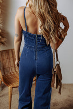 Load image into Gallery viewer, Sail Blue Seamed Zipper Spaghetti Strap High Waist Flared Jumpsuit
