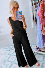 Load image into Gallery viewer, Black Crinkled U Neck Tank Top and Wide Leg Pants Set
