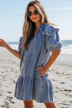 Load image into Gallery viewer, Dusk Blue Ruffled Collared Side Pockets Puff Sleeve Denim Mini Dress
