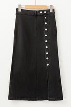 Load image into Gallery viewer, Black Button Fly Side Split High Waist Denim Midi Skirt
