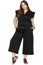 Load image into Gallery viewer, Black Plus Ruffled Sleeve Quarter Zip Top &amp; Wide Leg Pants Set
