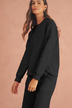 Load image into Gallery viewer, Black Checkered Textured Split Pullover Top and Pants Set
