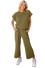 Load image into Gallery viewer, Blue Quilted Textured Short Sleeve Top and Wide Leg Pants Set
