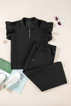 Load image into Gallery viewer, Black Plus Ruffled Sleeve Quarter Zip Top &amp; Wide Leg Pants Set
